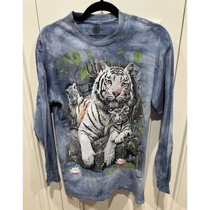 The Mountain White Tiger Graphic Print T Shirt Size Medium Blue Tie Dye Cotton